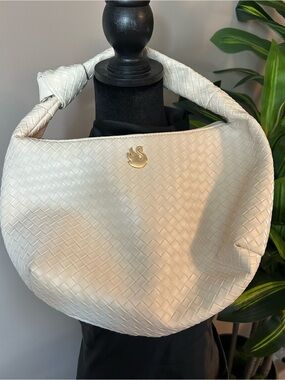 V73 Zelda Cream Woven Shoulder Hobo Knot Bag with Gold Swan Emblem